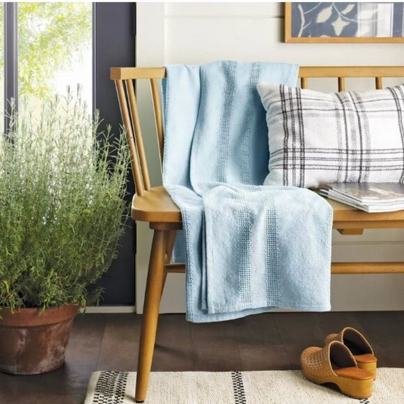 Hearth & Hand‎ with Magnolia Textured Stripes Cotton Light Blue Throw Blanket - Picture 1 of 3